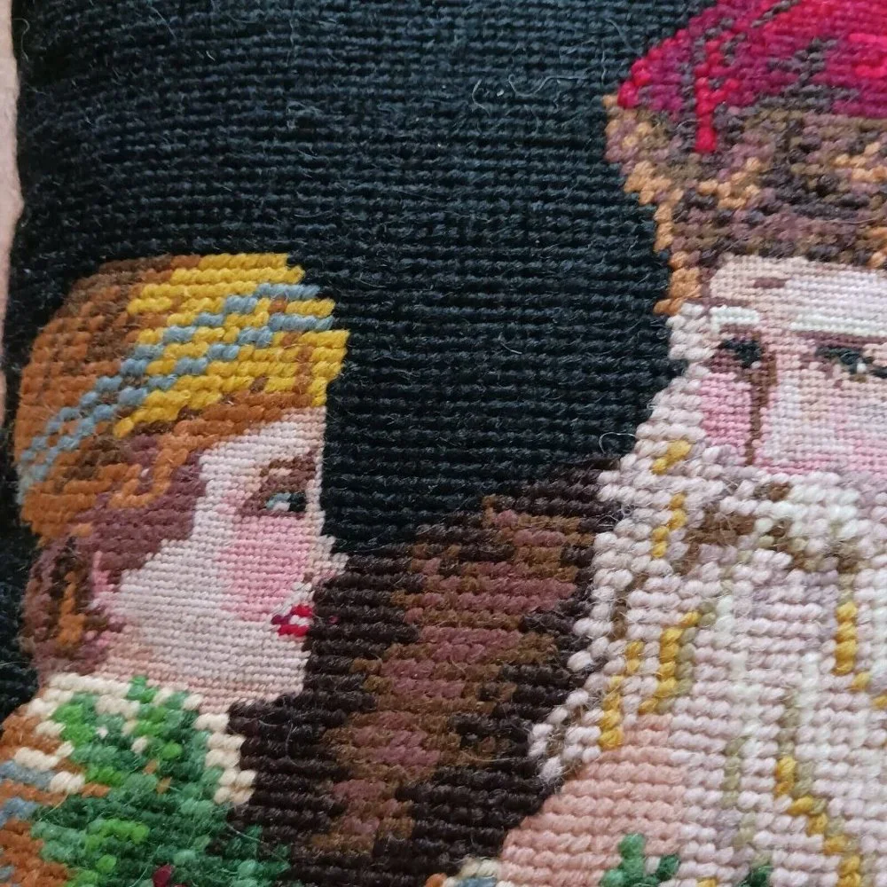 Vintage Santa Children Petit Needlepoint Pillow 13 x‎ 13 Holly